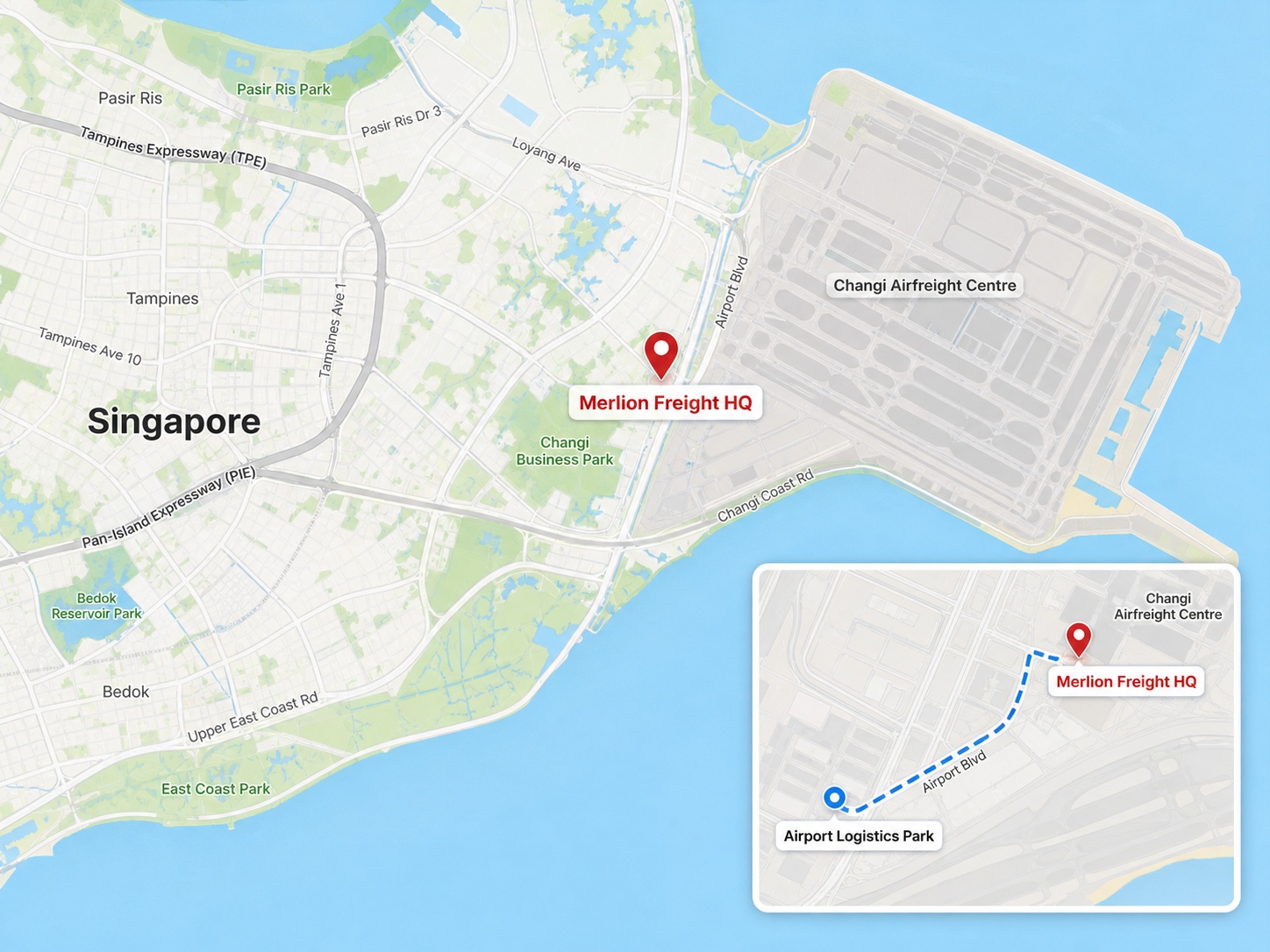 Fictional map marking Merlion Freight HQ near Changi, Singapore